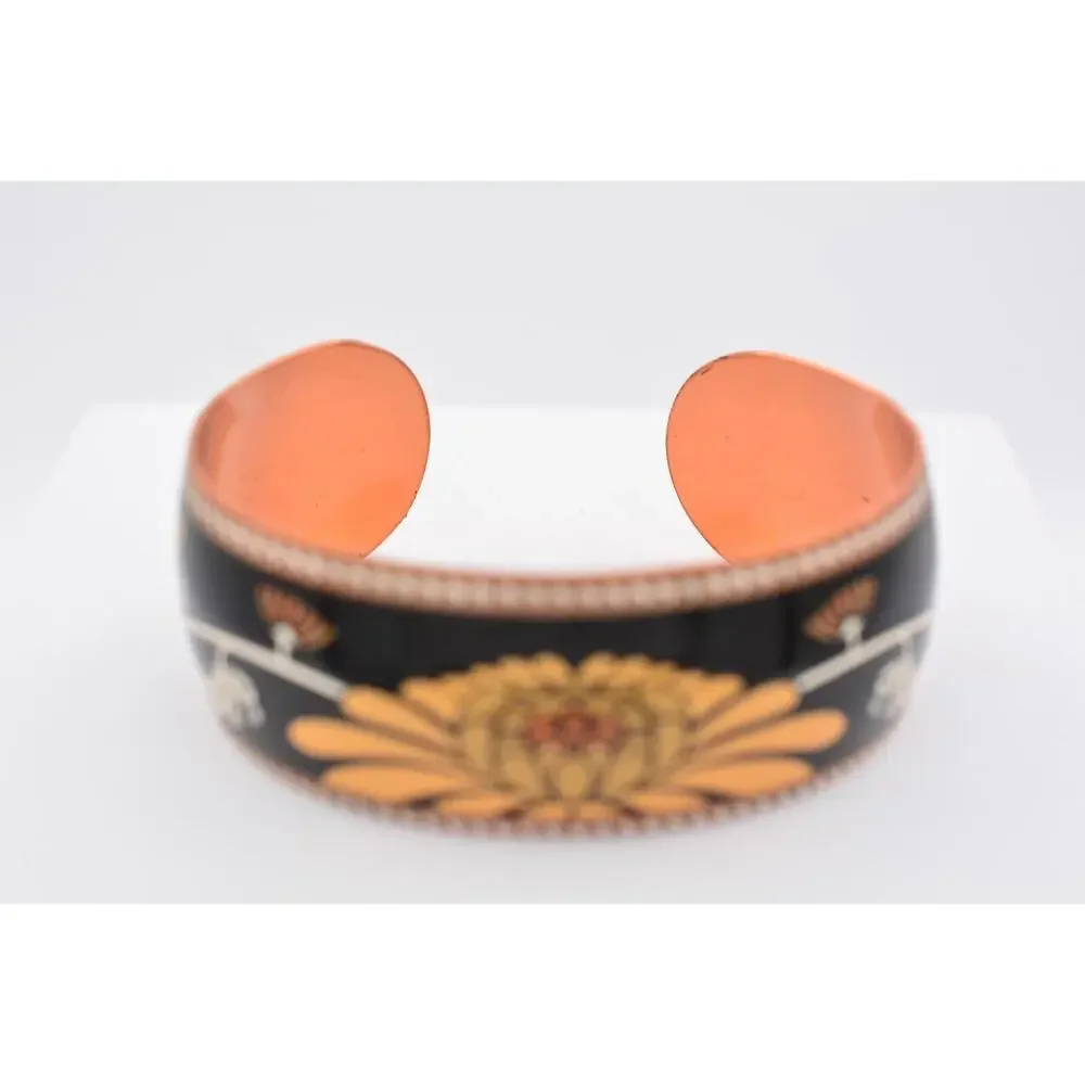 80F Damascene Cuff Bangle Bracelet Copper Lotus Flower Black Signed BinAW